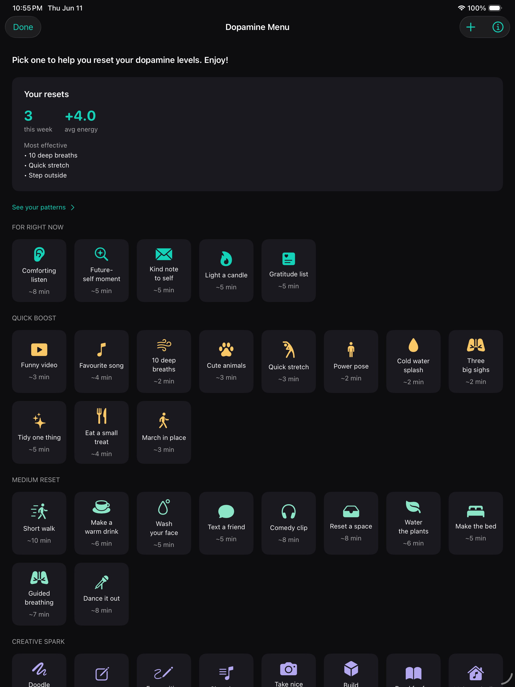 Dopamine Menu with quick reset activities sorted by time and effort